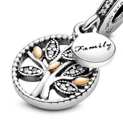Family tree silver dangle with 14k and clear cubic zirconia Premium Fashion Jewelry Gift Collection