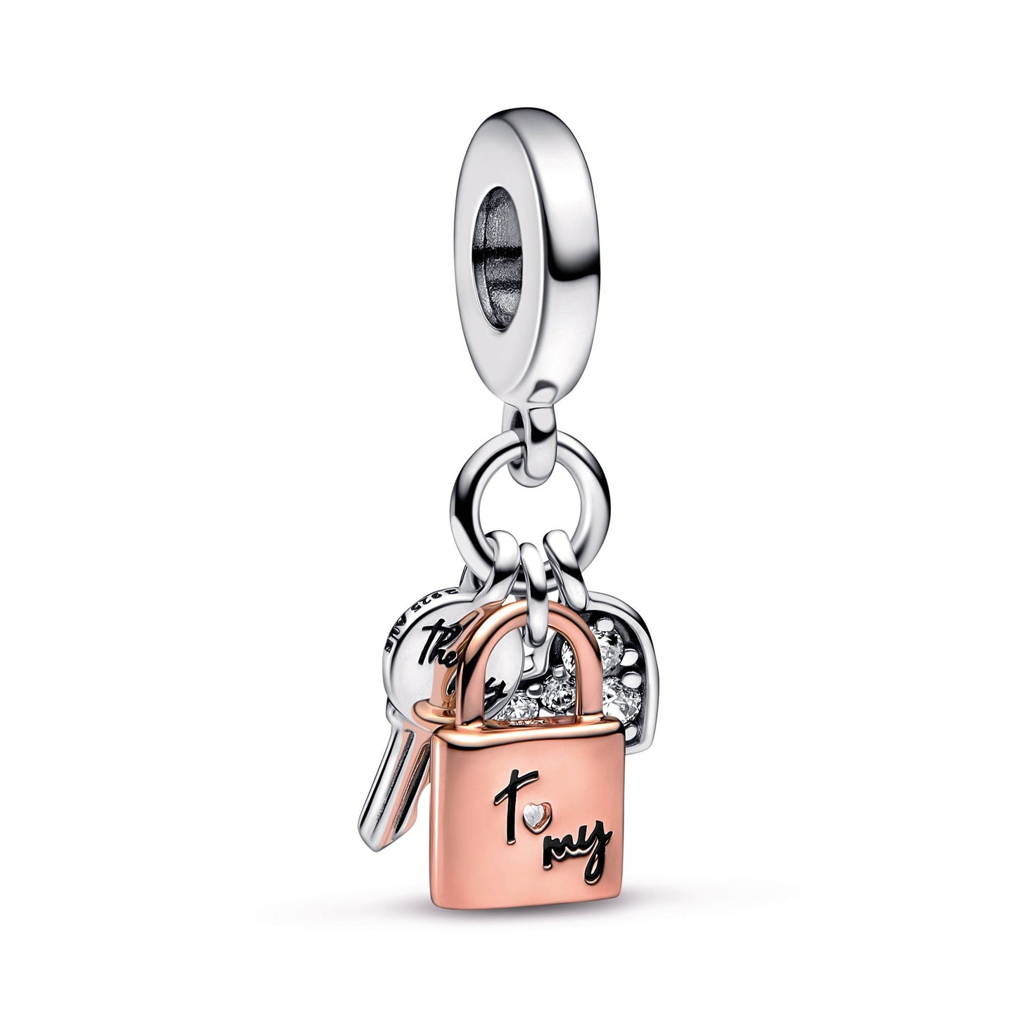 Two-tone Key, Padlock & Heart Triple Dangle Charm Premium Fashion Jewelry Gift Collection