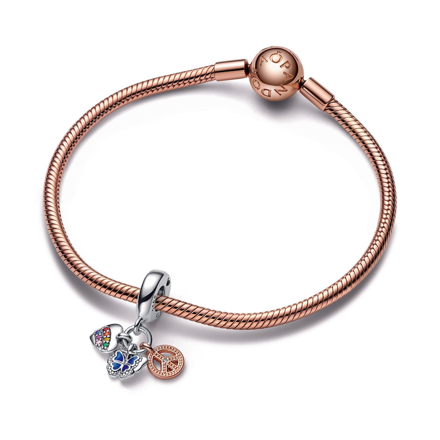 Two-Tone Rainbow Heart, Butterfly & Peace Triple Dangle Charm Premium Fashion Jewelry Gift Collection