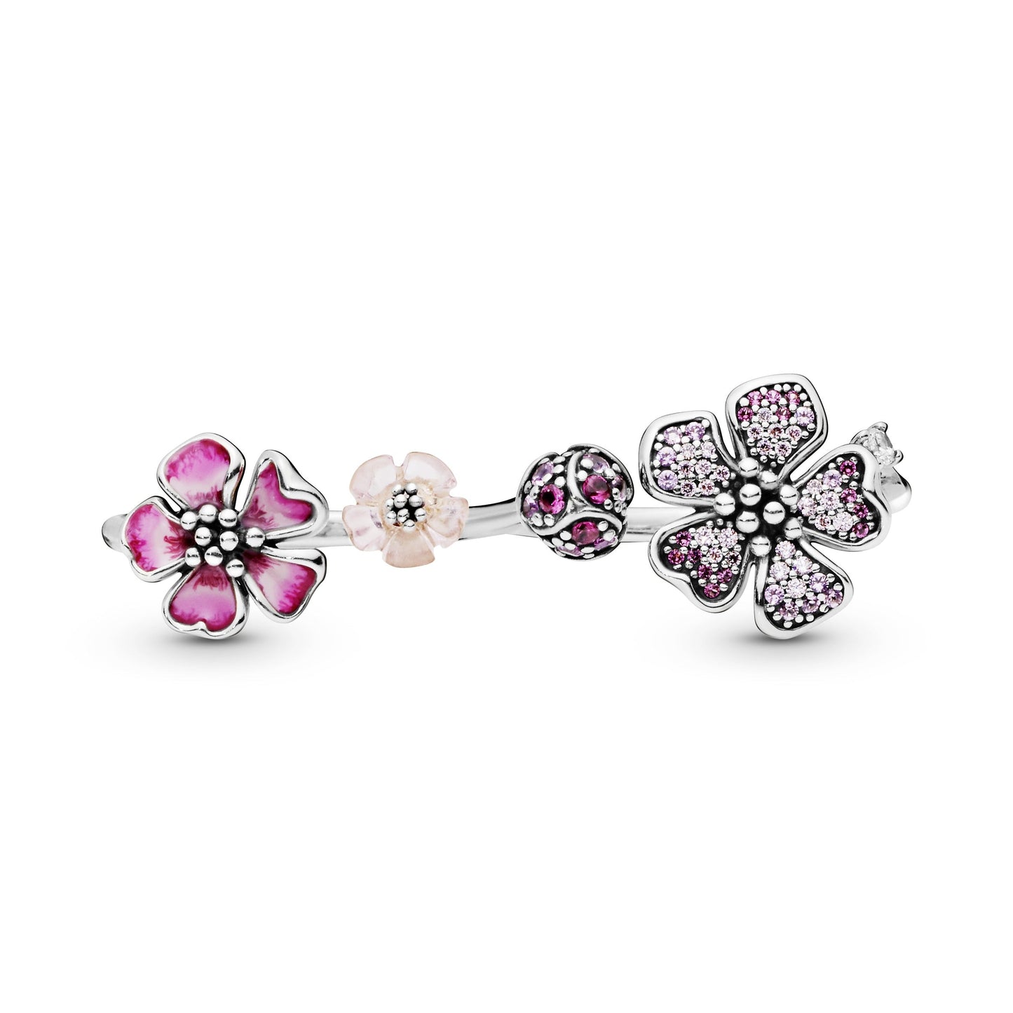 Pink Peach Blossom Flower Double Finger Ring Popular Style Premium Collection