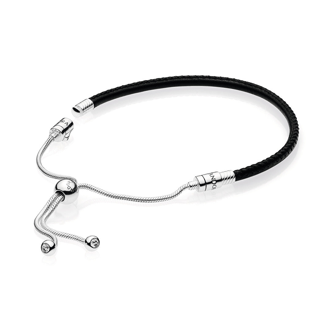 Pandora Moments Black Leather Slider Bracelet Premium Fashion Jewelry Gift Collection