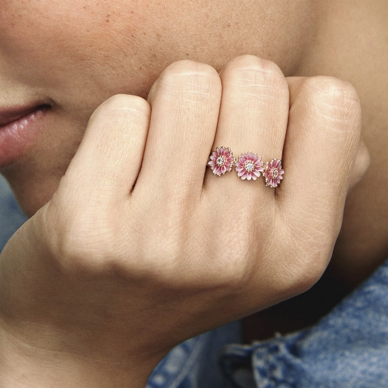 Pink Daisy Flower Trio Ring Popular Style Premium Collection