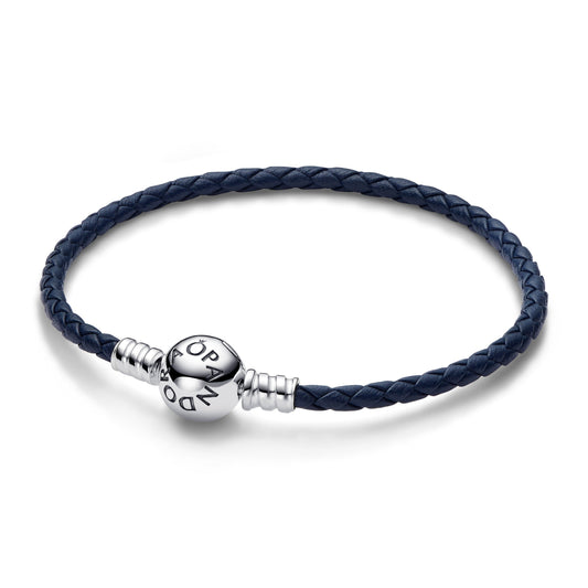 Pandora Moments Round Clasp Blue Braided Leather Bracelet Premium Fashion Jewelry Gift Collection