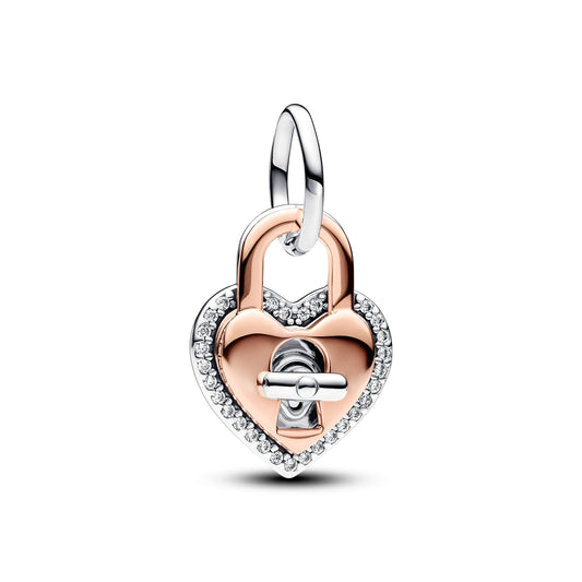 Two-tone Twistable Heart Padlock Double Dangle Charm Premium Fashion Jewelry Gift Collection