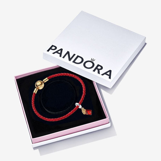 Two-tone Red Envelope Dangle Charm and Pandora Moments Red Woven Leather Bracelet set Premium Fashion Jewelry Gift Collection