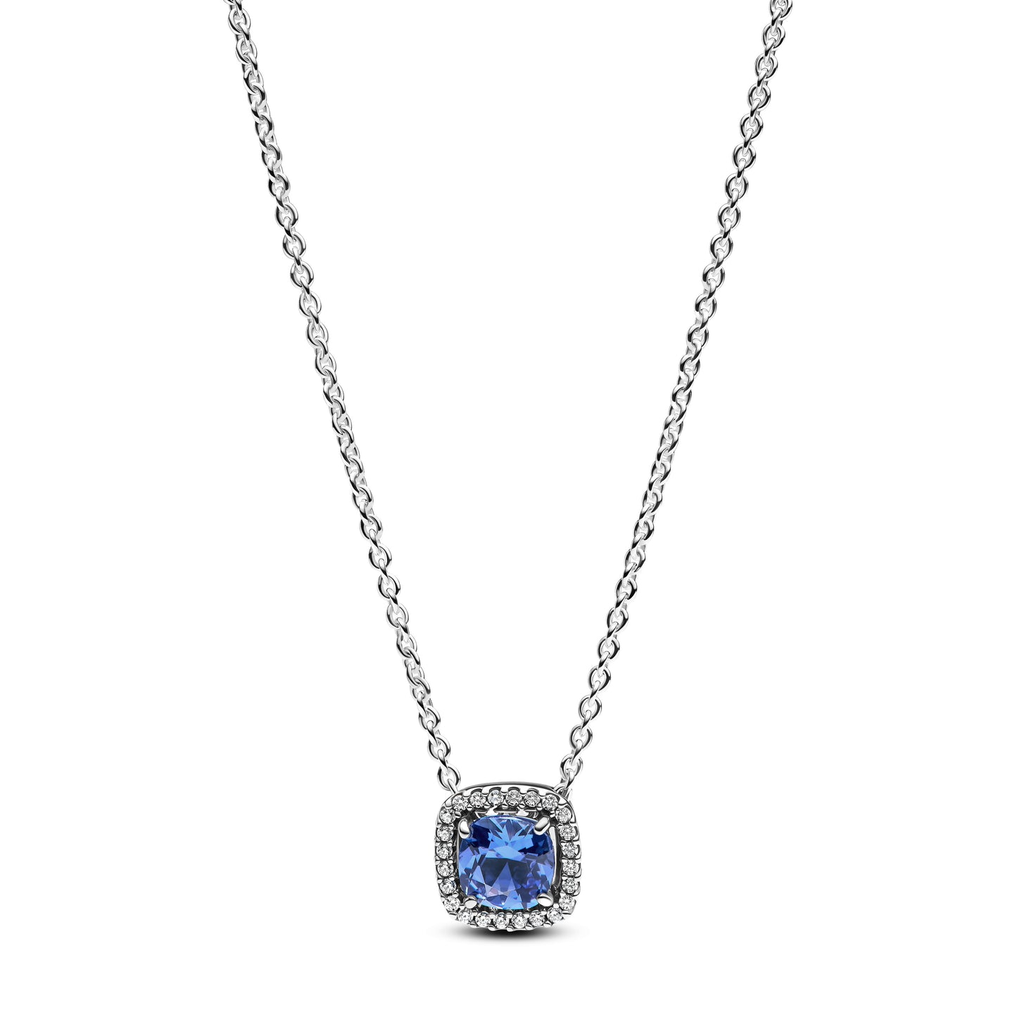 Sparkling Square Blue Halo Pendant Necklace Premium Fashion Jewelry Gift Collection