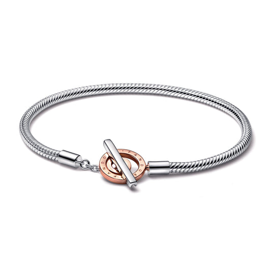 Pandora Moments Two-tone Logo T-Bar Snake Chain Bracelet Premium Fashion Jewelry Gift Collection