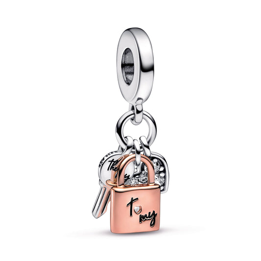 Two-tone Key, Padlock & Heart Triple Dangle Charm Premium Fashion Jewelry Gift Collection