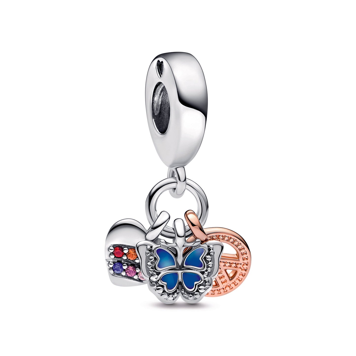 Two-Tone Rainbow Heart, Butterfly & Peace Triple Dangle Charm Premium Fashion Jewelry Gift Collection