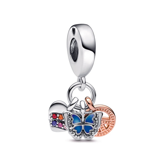 Two-Tone Rainbow Heart, Butterfly & Peace Triple Dangle Charm Premium Fashion Jewelry Gift Collection