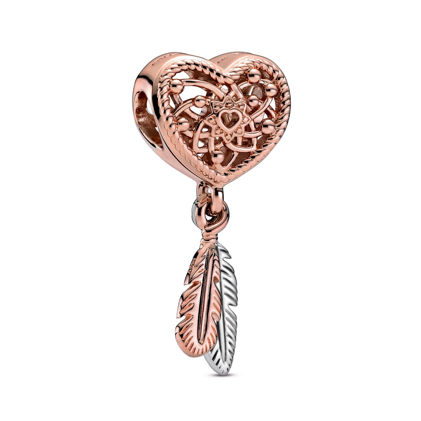 Openwork Heart & Two Feathers Dreamcatcher Charm Premium Fashion Jewelry Gift Collection