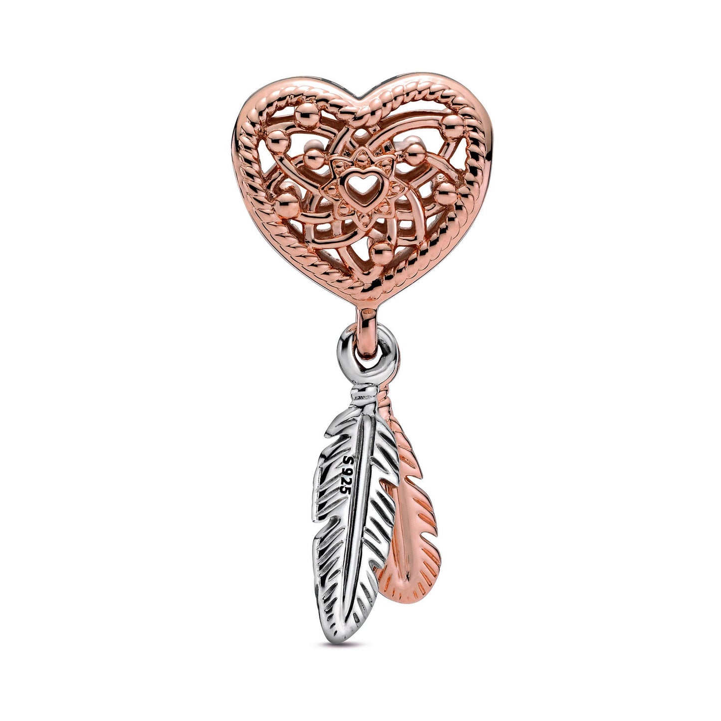 Openwork Heart & Two Feathers Dreamcatcher Charm Premium Fashion Jewelry Gift Collection