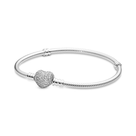 Pandora Moments Sparkling Heart Pave Clasp Snake Chain Bracelet Premium Fashion Jewelry Gift Collection