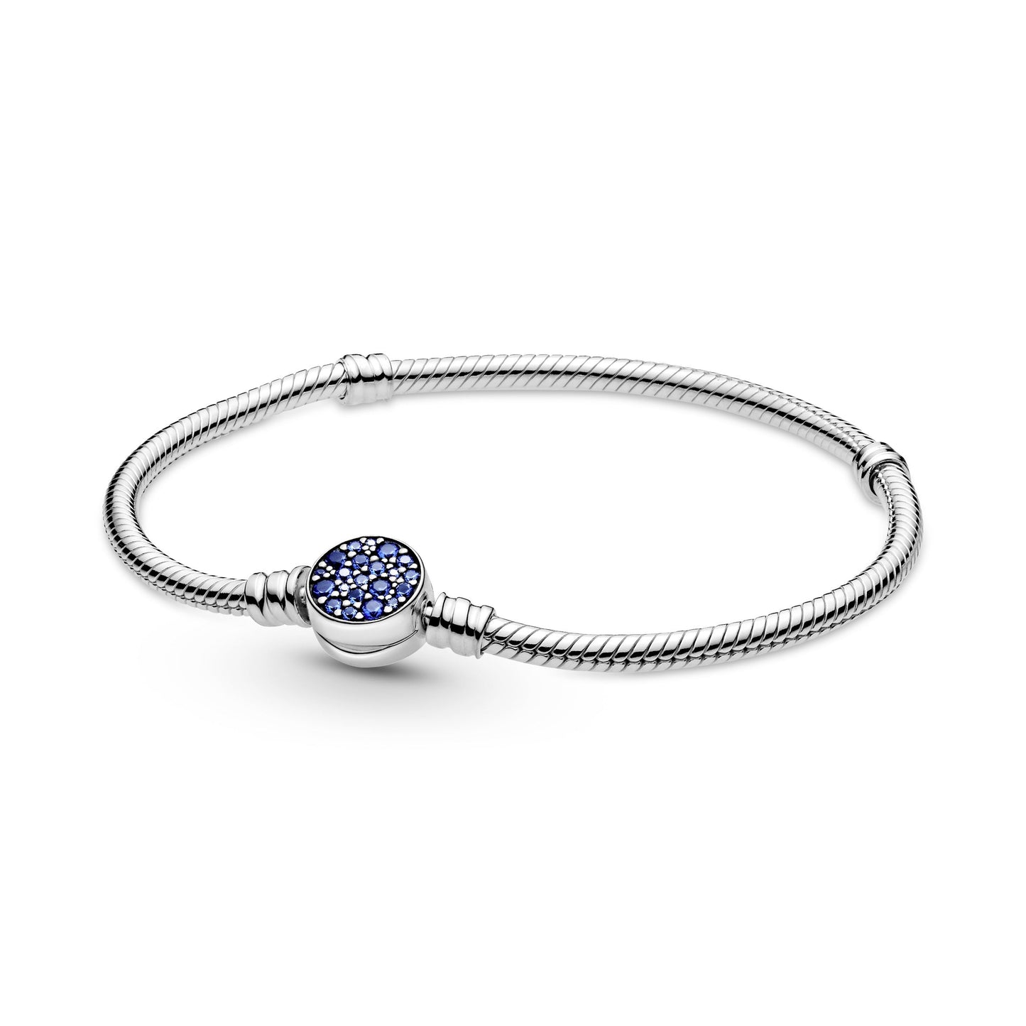 Pandora Moments Sparkling Blue Disc Clasp Snake Chain Bracelet Premium Fashion Jewelry Gift Collection