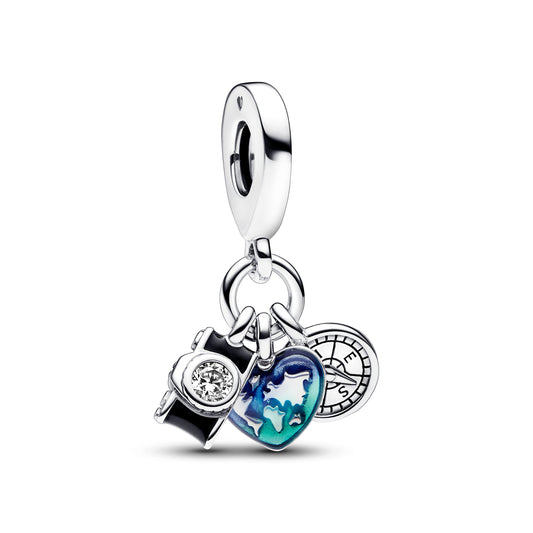 Camera, Heart & Compass Triple Dangle Charm Premium Fashion Jewelry Gift Collection