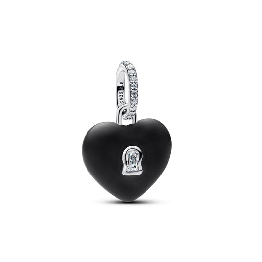 Matte Black Ceramic Heart Padlock Dangle Charm Premium Fashion Jewelry Gift Collection