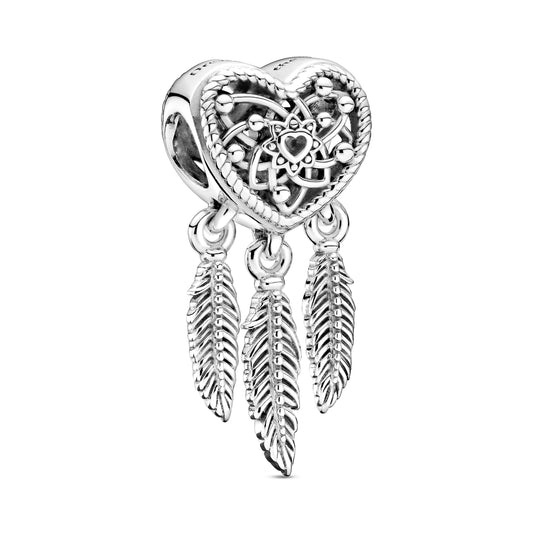 Openwork Heart & Three Feathers Dreamcatcher Charm Premium Fashion Jewelry Gift Collection