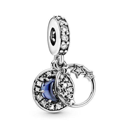 Blue Night Sky Crescent Moon & Stars Dangle Charm Premium Fashion Jewelry Gift Collection