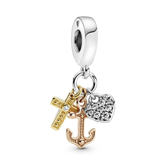 Triple-tone Cross, Heart, & Anchor Dangle Charm Premium Fashion Jewelry Gift Collection