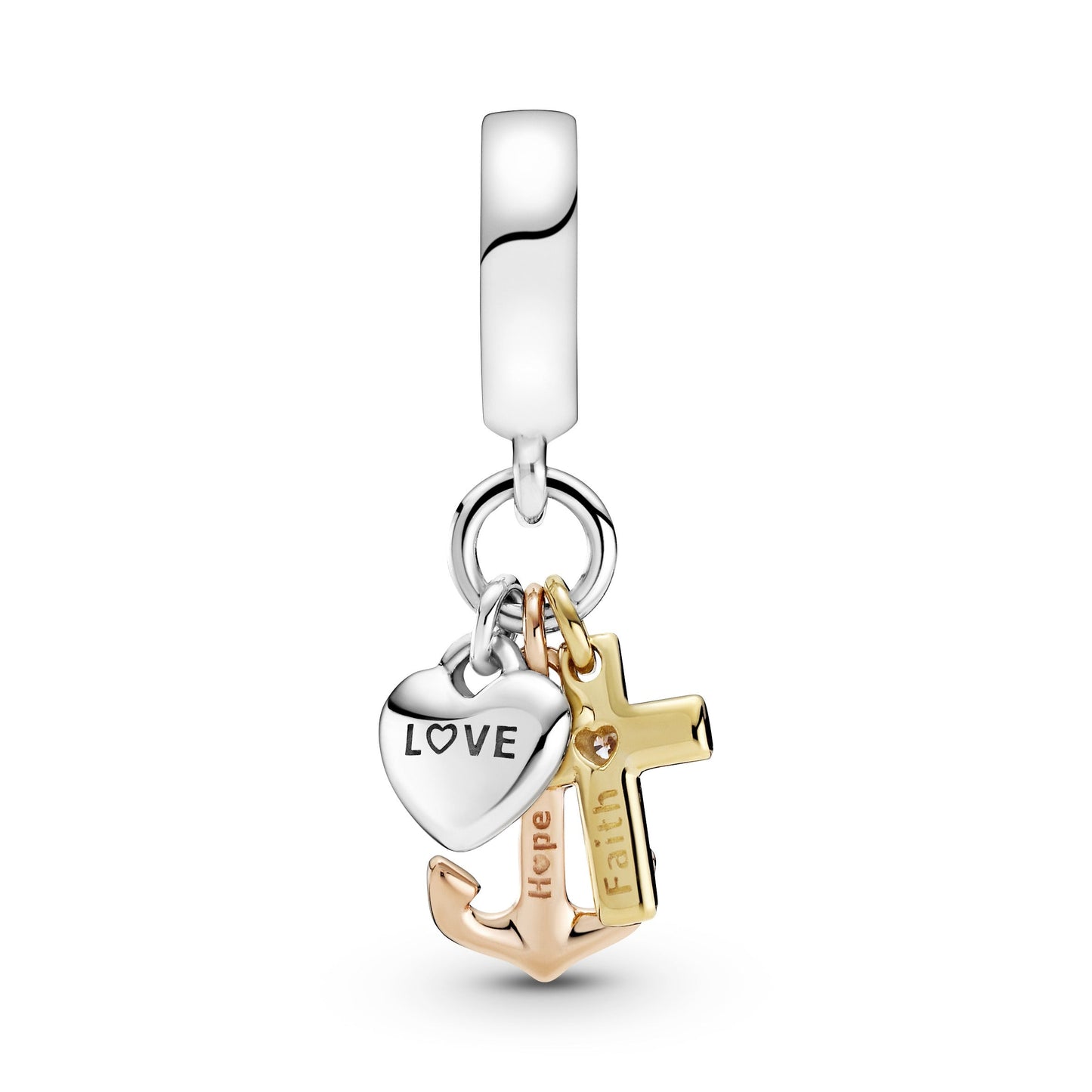 Triple-tone Cross, Heart, & Anchor Dangle Charm Premium Fashion Jewelry Gift Collection