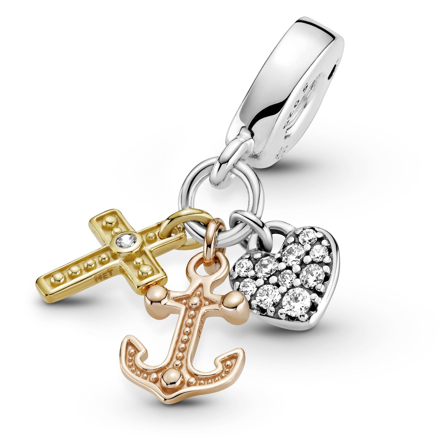 Triple-tone Cross, Heart, & Anchor Dangle Charm Premium Fashion Jewelry Gift Collection